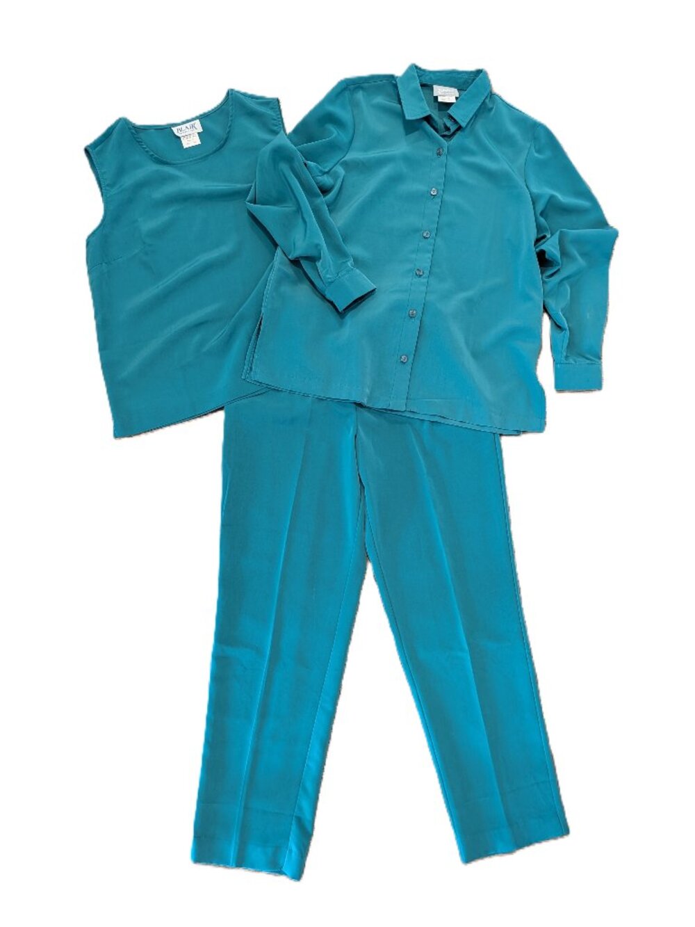 VTG Blair 3 Pc Set Women's M Emerald Green Pants Blouse Button Up 90s Minimalist